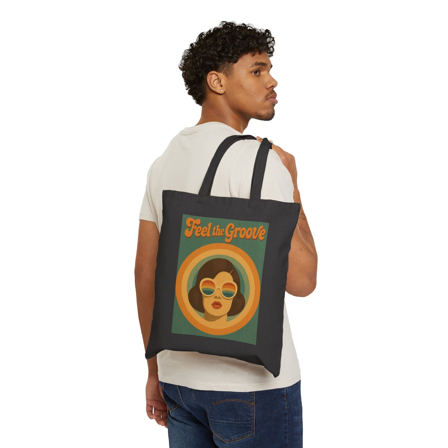 Feel the Groove Canvas Tote — Retro 70s Vintage Woman Illustration Bag