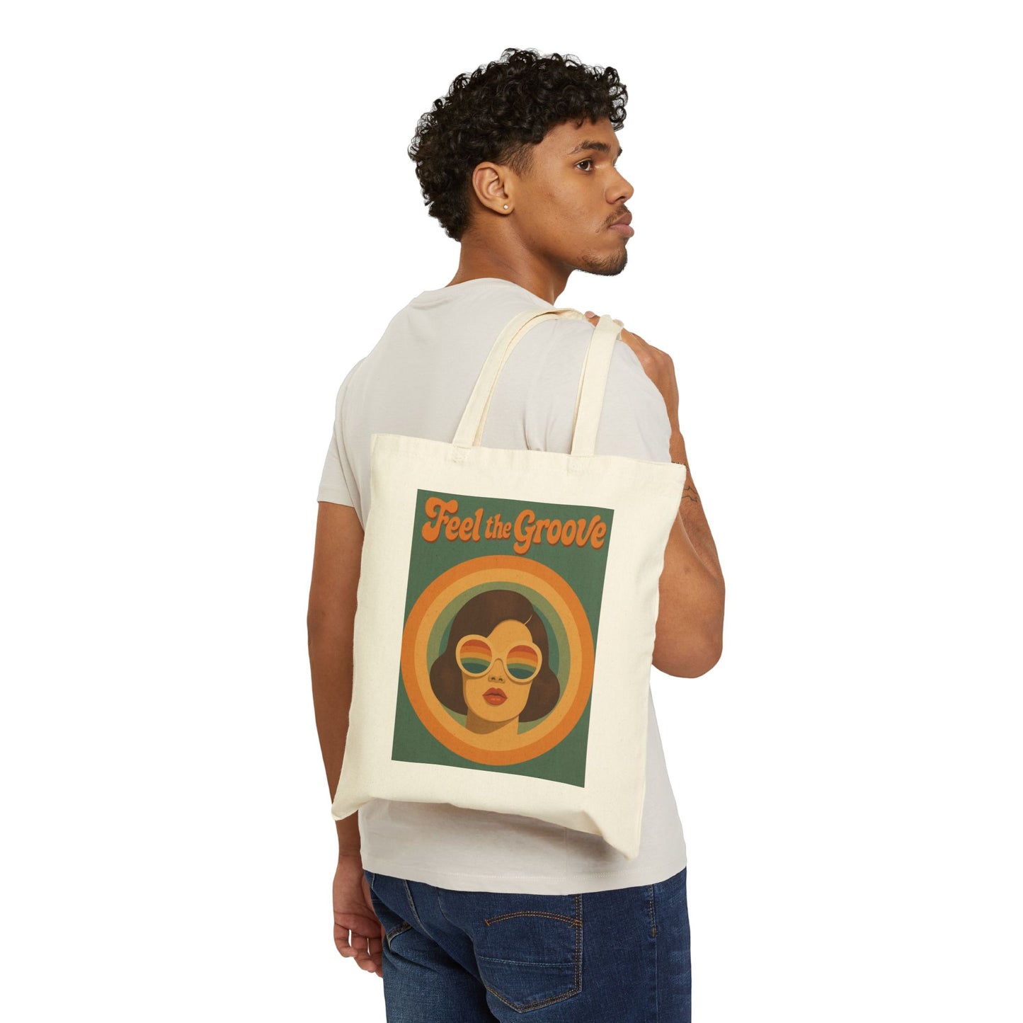 Feel the Groove Canvas Tote — Retro 70s Vintage Woman Illustration Bag
